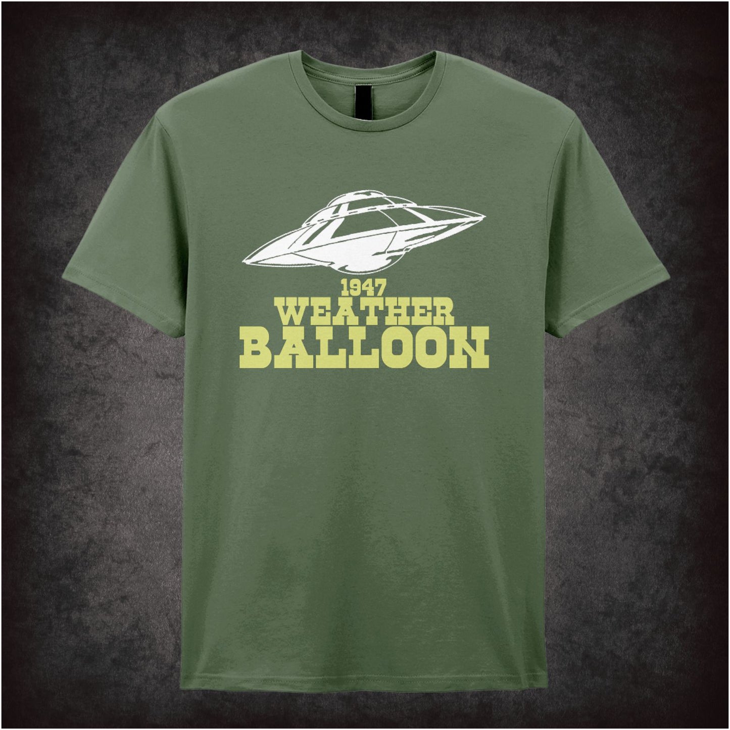 1947 weather balloon Roswell reference UFO graphic T-shirt in military green