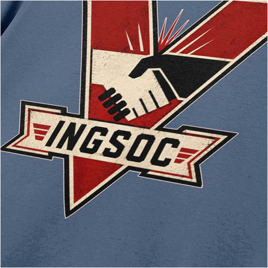Close-up of iNGSOC handshake symbol T-shirt in indigo from Nineteen Eighty-Four