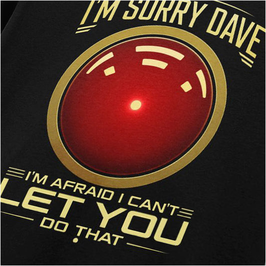 Close-up of ‘I’m Sorry Dave’ T-shirt in black from 2001: A Space Odyssey