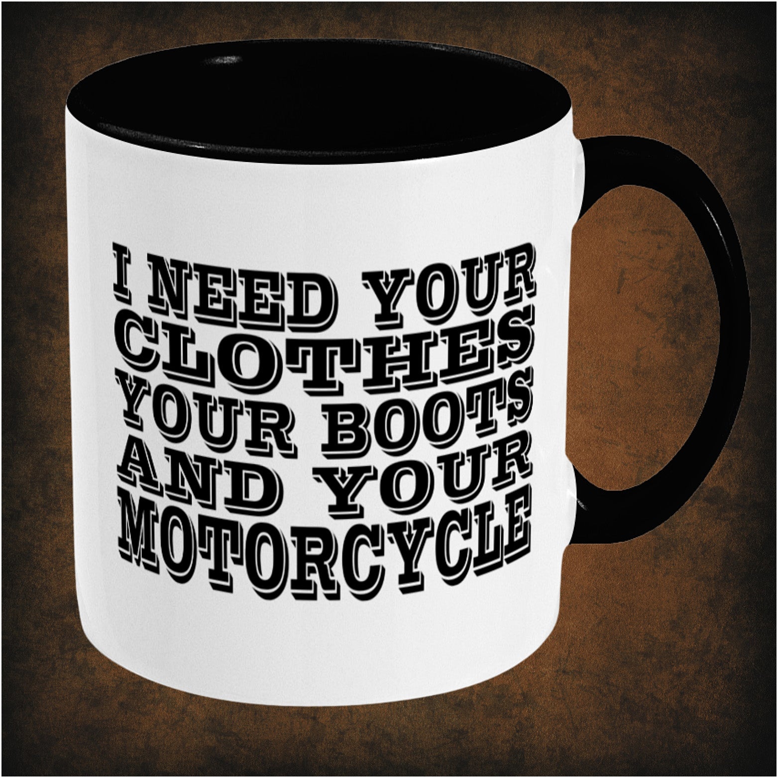I need your clothes, your boots, and your motorcycle’ two-toned mug inspired by Terminator, right hand side featuring iconic movie quote, sci-fi design, and collectible pop culture style.