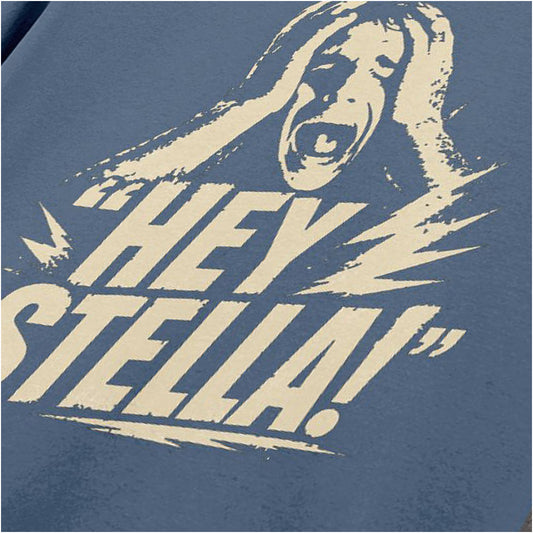 Close-up of hey Stella slogan T-shirt in indigo from A Streetcar Named Desire