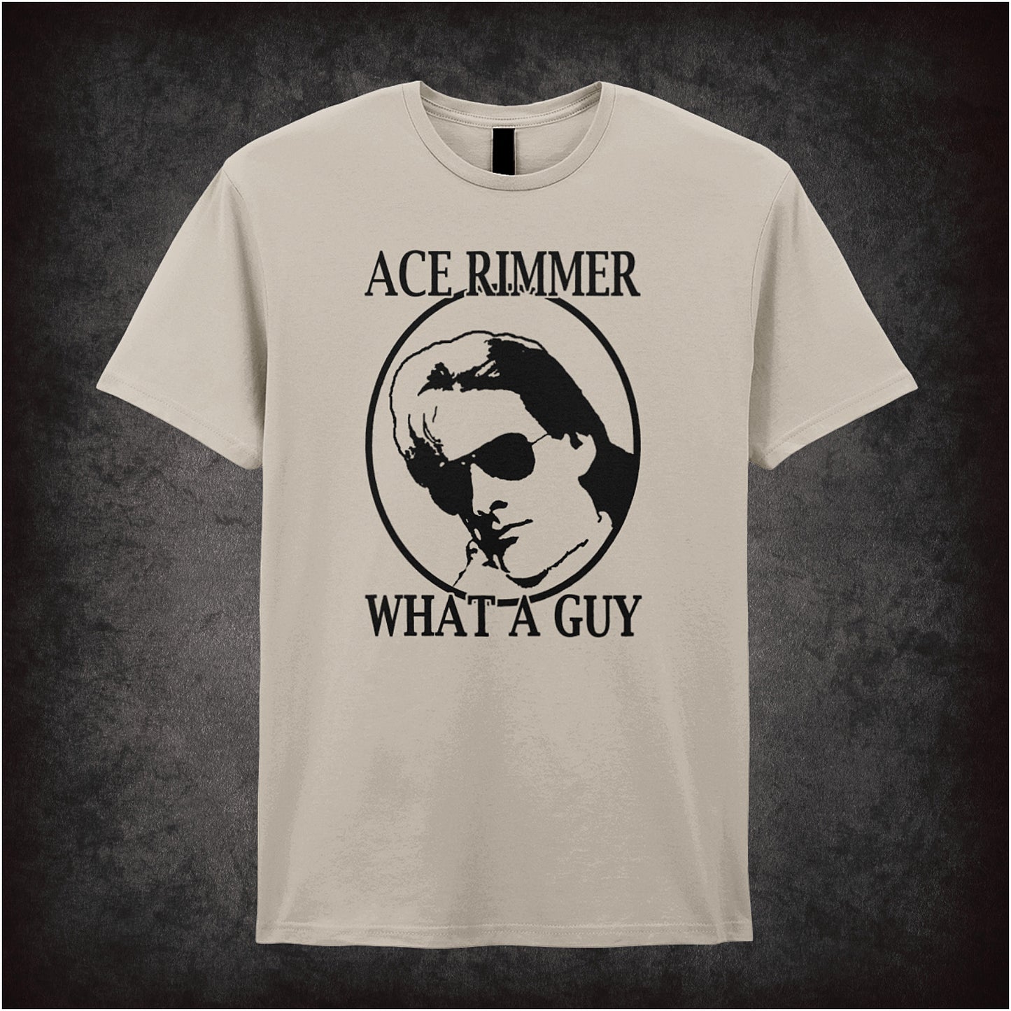 natural colour soft style unisex T-shirt featuring the phrase "Ace Rimmer What a Guy" inspired by Red Dwarf, displayed in bold, vibrant lettering.