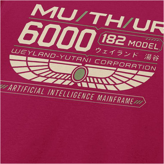 Close-up of mU/TH/UR 6000 Weyland-Yutani AI mainframe logo T-shirt in cardinal red from Alien