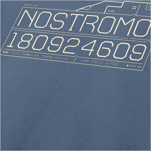 Close-up of nostromo 180924609 blueprint text logo T-shirt in indigo from Alien