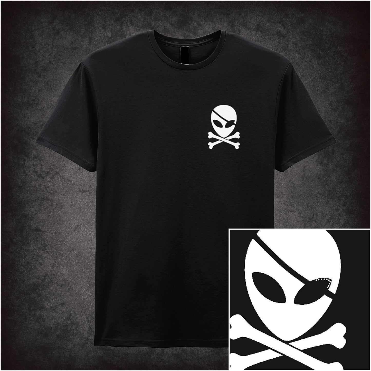 Black unisex t-shirt with a small pocket-sized graphic of an alien skull and crossbones printed on the chest area.
