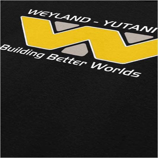 Close-up of weyland-Yutani Corp ‘Building Better Worlds’ logo T-shirt in black from Alien
