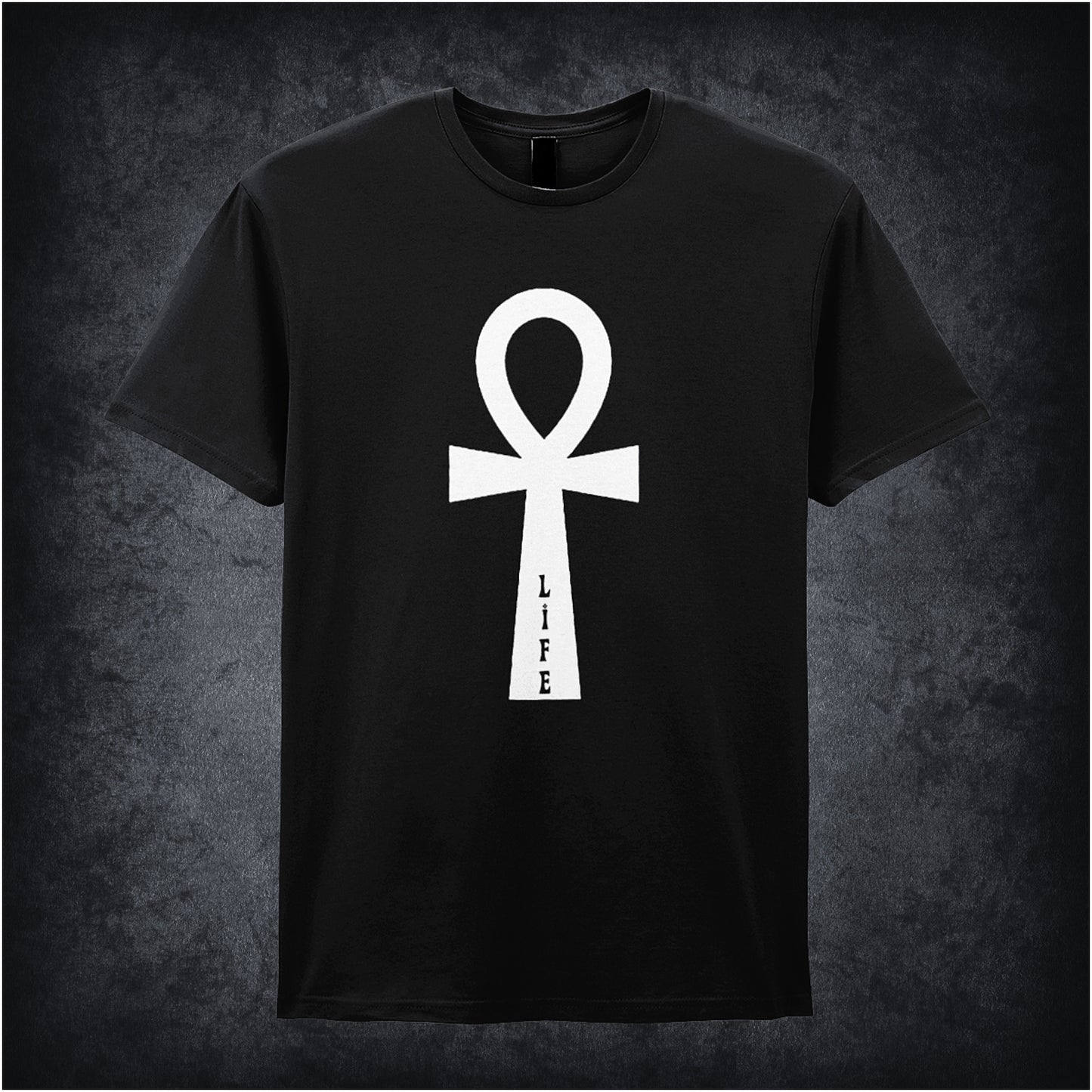 Black unisex t-shirt featuring a large Ankh symbol with the word “LIFE” written vertically along its stem, styled in an ancient Egyptian design.