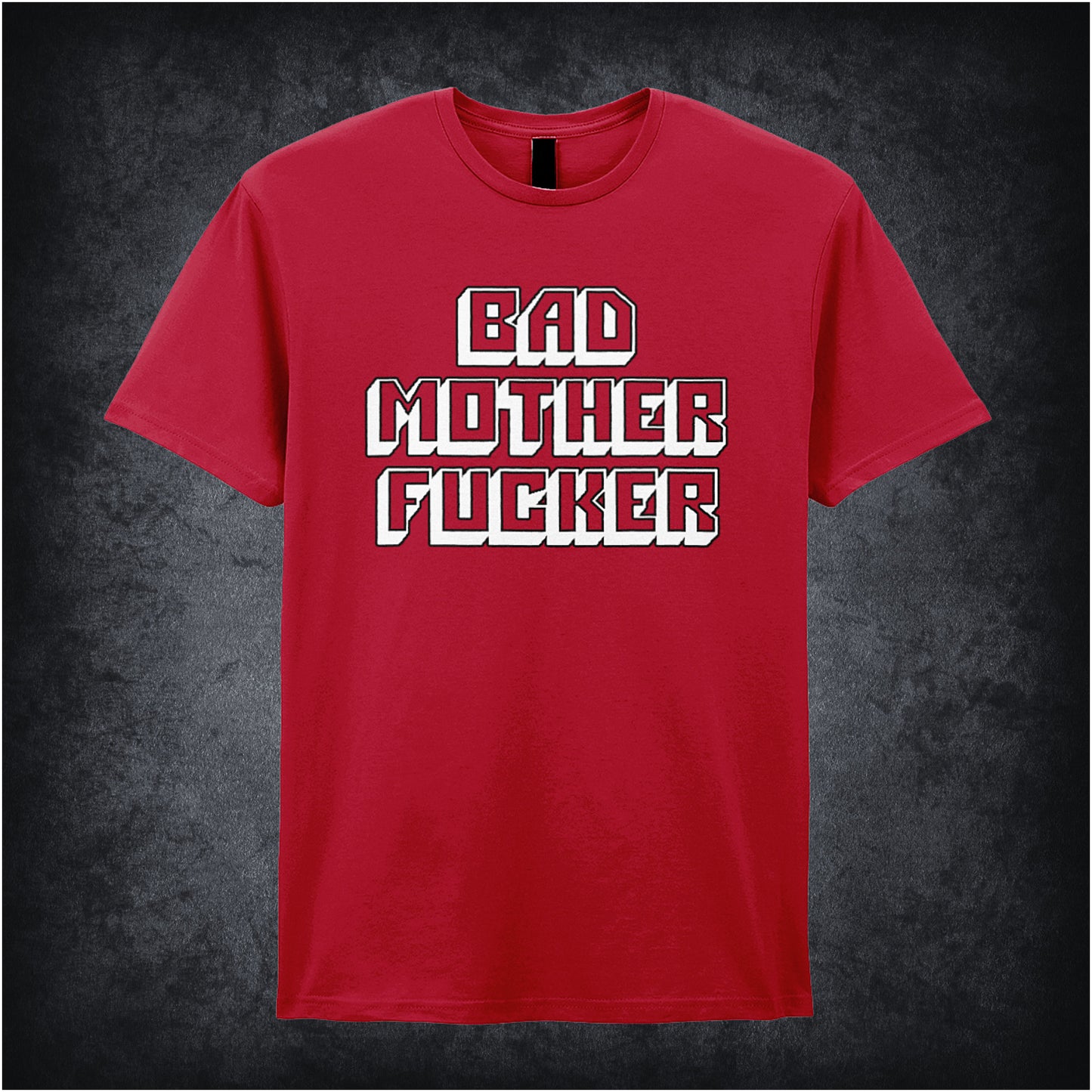 cherry red unisex t-shirt featuring the phrase “Bad Mother Fuc*er” in bold, striking typography inspired by Pulp Fiction.