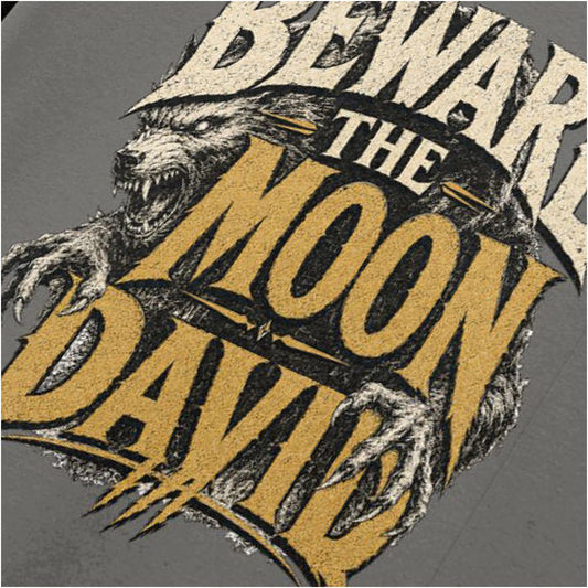 Close-up of ‘Beware the moon David’ T-shirt in charcoal from An American Werewolf in London