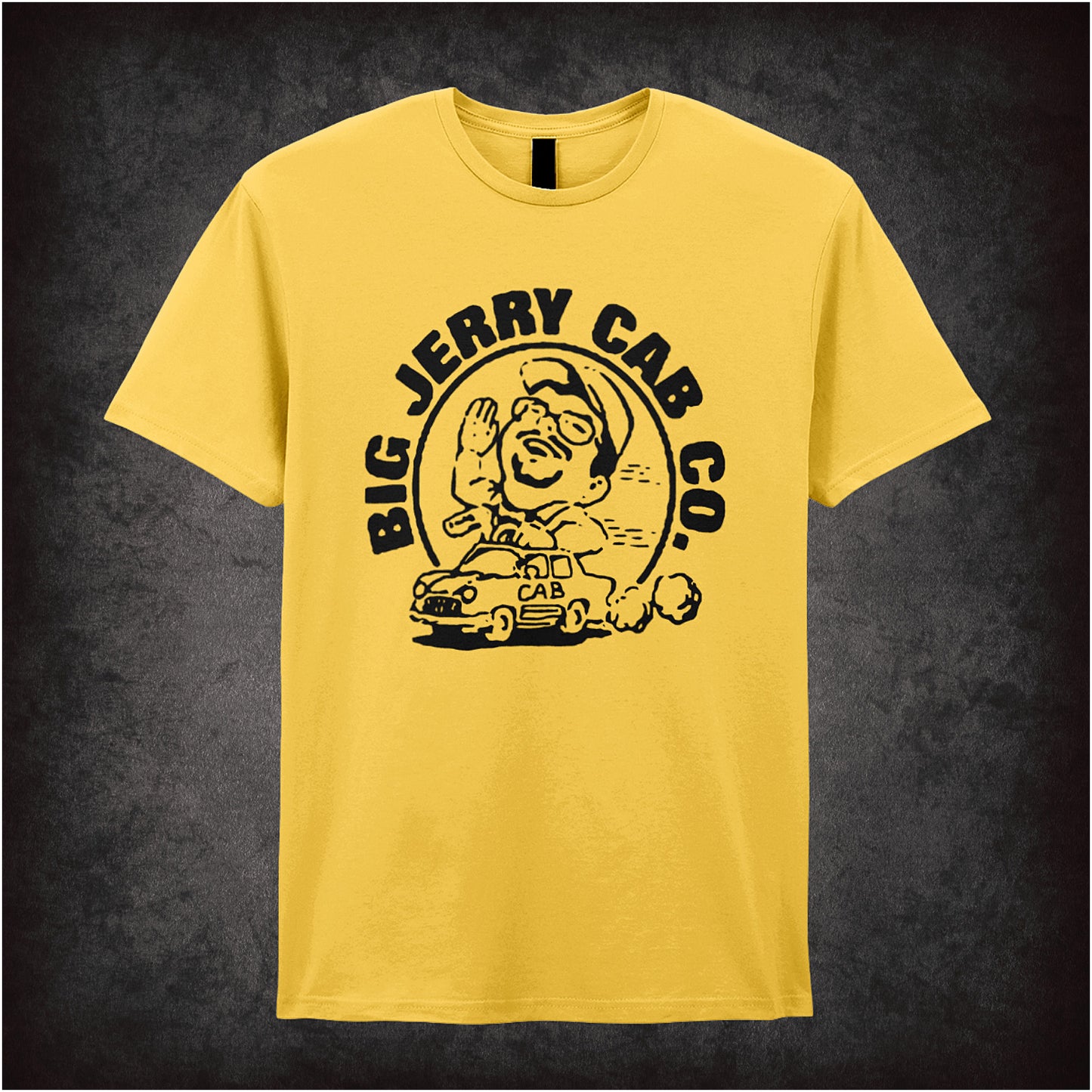daisy unisex T-shirt featuring “Big Jerry Cab Co.” design inspired by Pulp Fiction, displayed in bold white lettering with a classic vintage aesthetic.