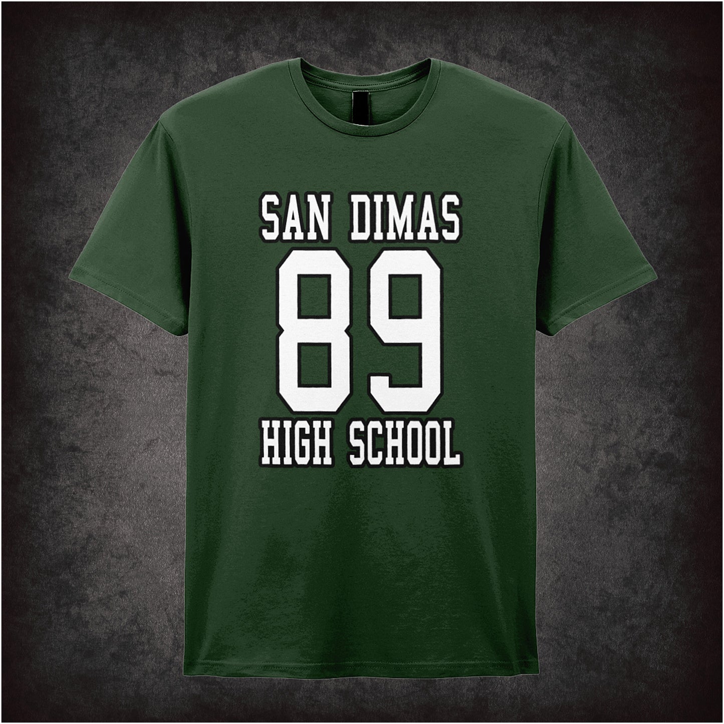 forest unisex t-shirt featuring the text “San Dimas High School 1989” inspired by Bill and Ted’s Excellent Adventure, displayed in bold, vintage-style lettering.