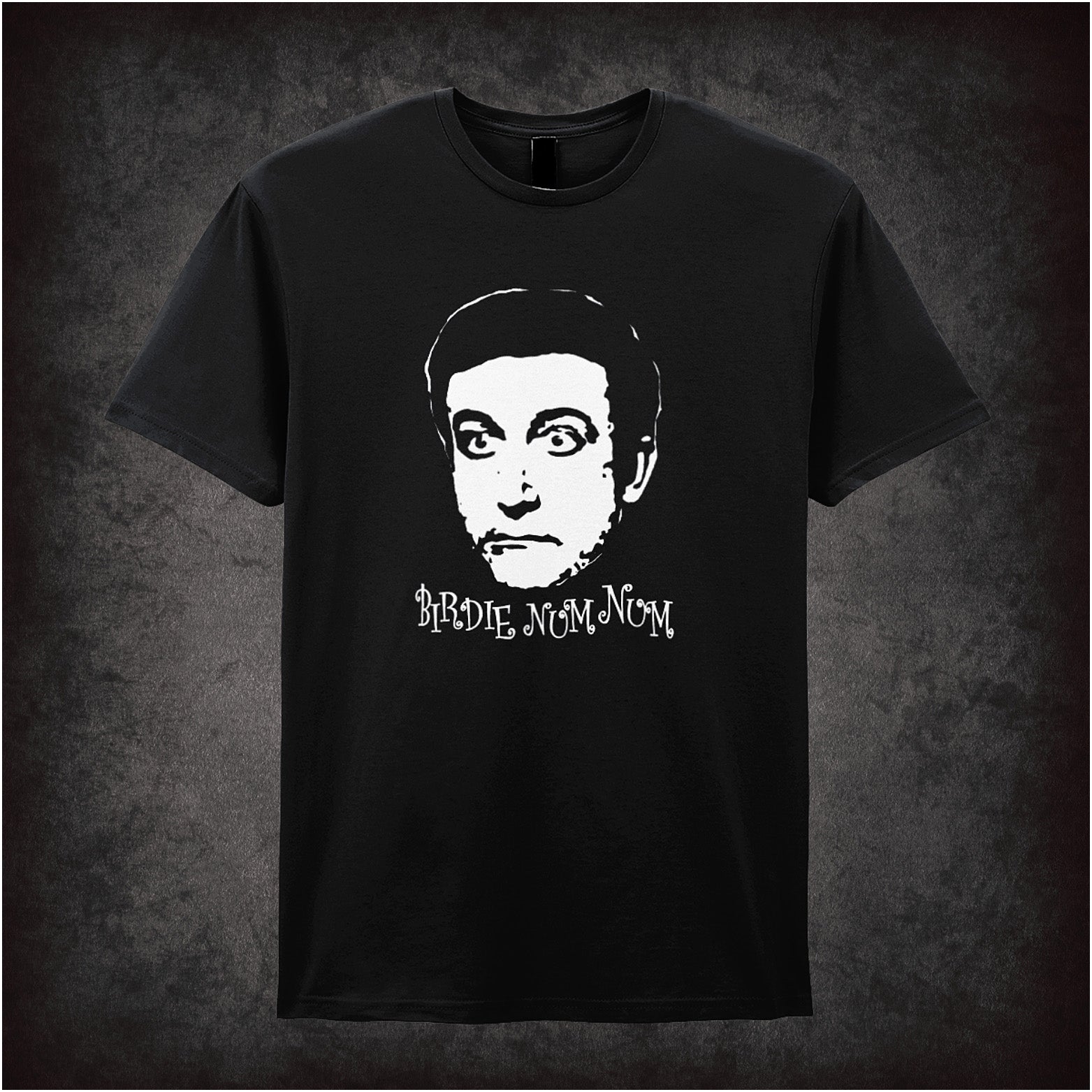 Birdie Num Num unisex black t-shirt inspired by The Party movie soft style retro comedy fan apparel