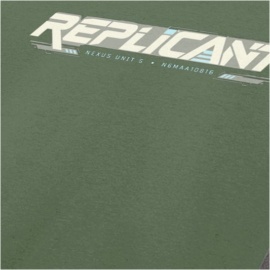 Close-up of ‘Replicant’ text logo T-shirt in military green from Blade Runner