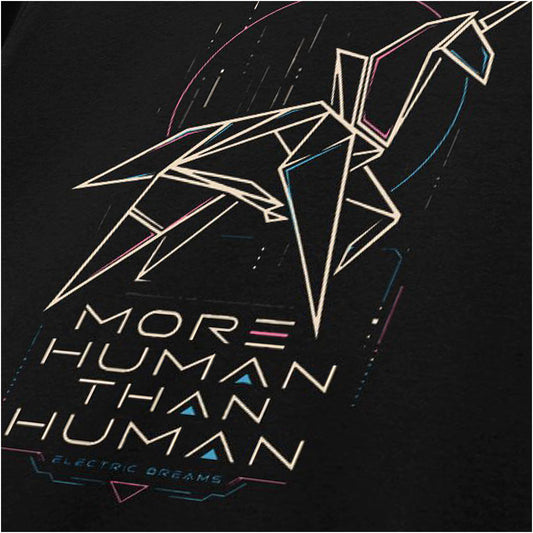 Close-up of origami unicorn line art T-shirt in black from Blade Runner