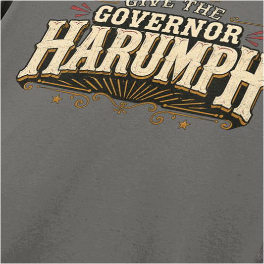 Close-up of ‘Give the governor harumph’ quote T-shirt in charcoal from Blazing Saddles