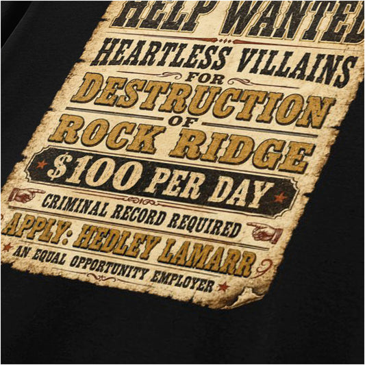 Close-up of ‘Help wanted Rock Ridge destruction’ poster text T-shirt in black from Blazing Saddles