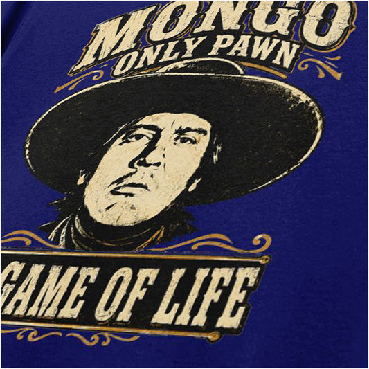 Close-up of mongo face ‘Mongo only pawn in game of life’ T-shirt in navy from Blazing Saddles