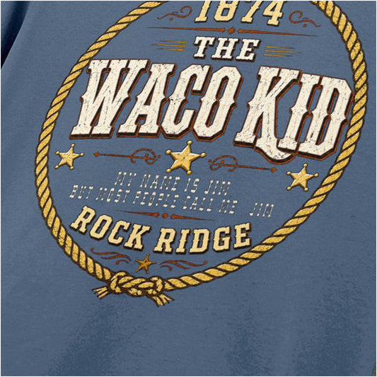 Close-up of the Waco Kid T-shirt in indigo from Blazing Saddles