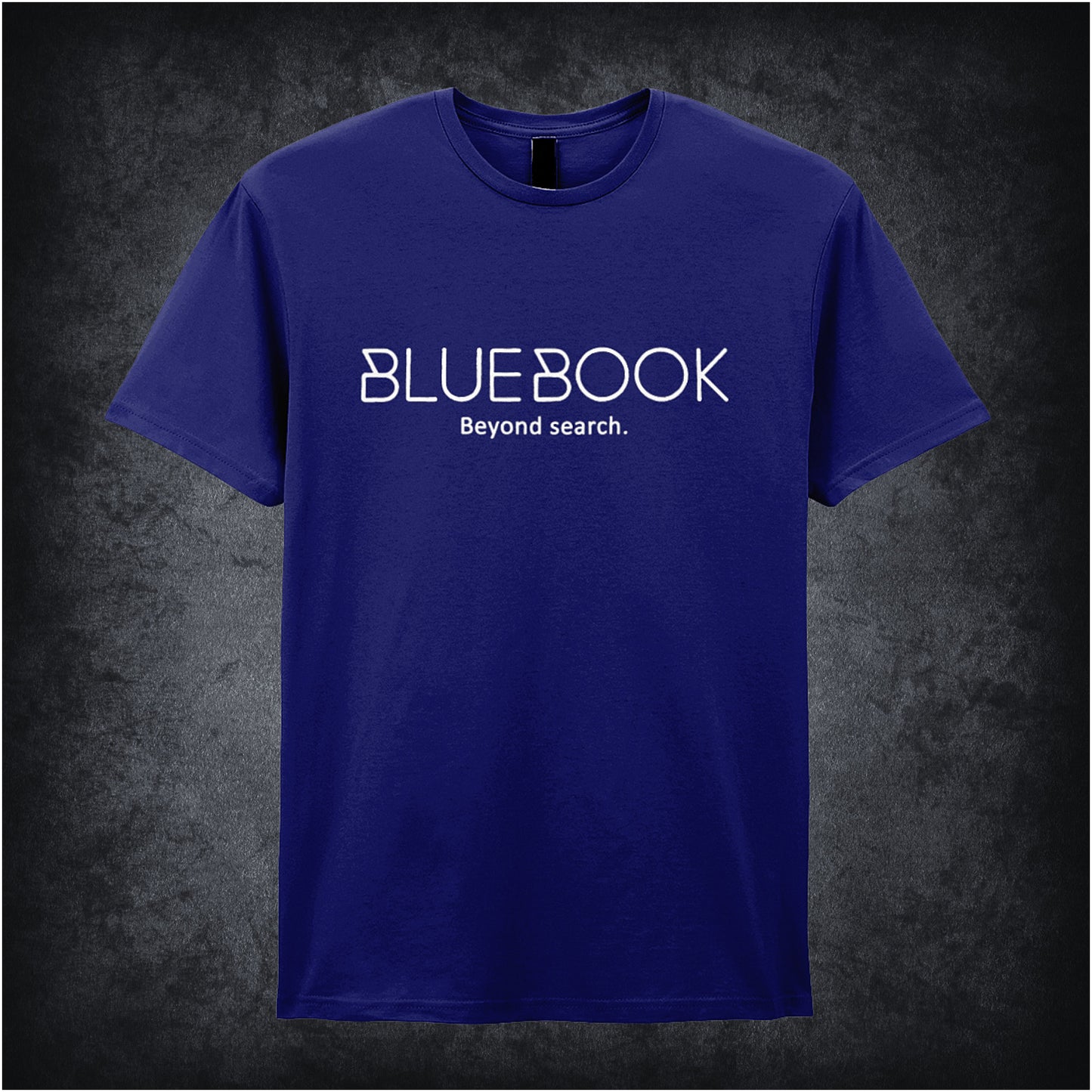 navy unisex t-shirt featuring the phrase “Bluebook Beyond Search” in clean, tech-inspired font, referencing the fictional tech company from Ex Machina.