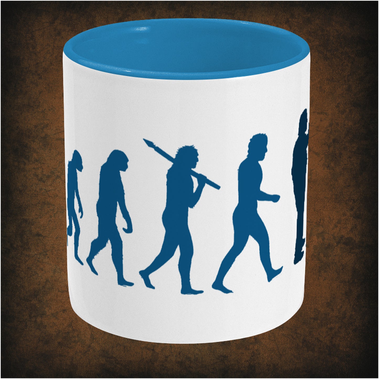 Two-tone ceramic mug featuring 'Evolution of Richard Richard and Edward Elizabeth Hitler' design inspired by Bottom, wrap-around print, center dishwasher and microwave safe.