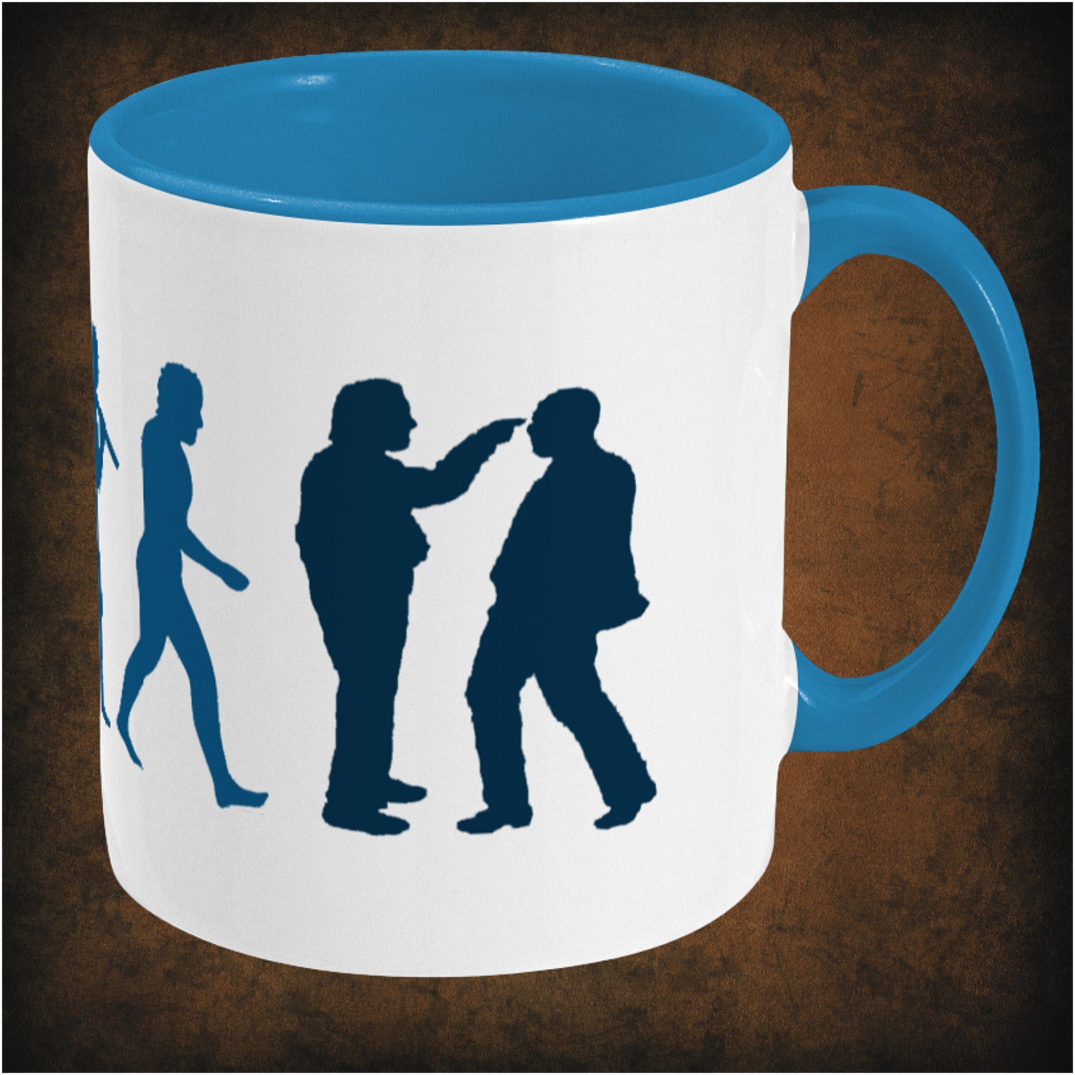 Two-tone ceramic mug featuring 'Evolution of Richard Richard and Edward Elizabeth Hitler' design inspired by Bottom, wrap-around print, right hand side dishwasher and microwave safe.