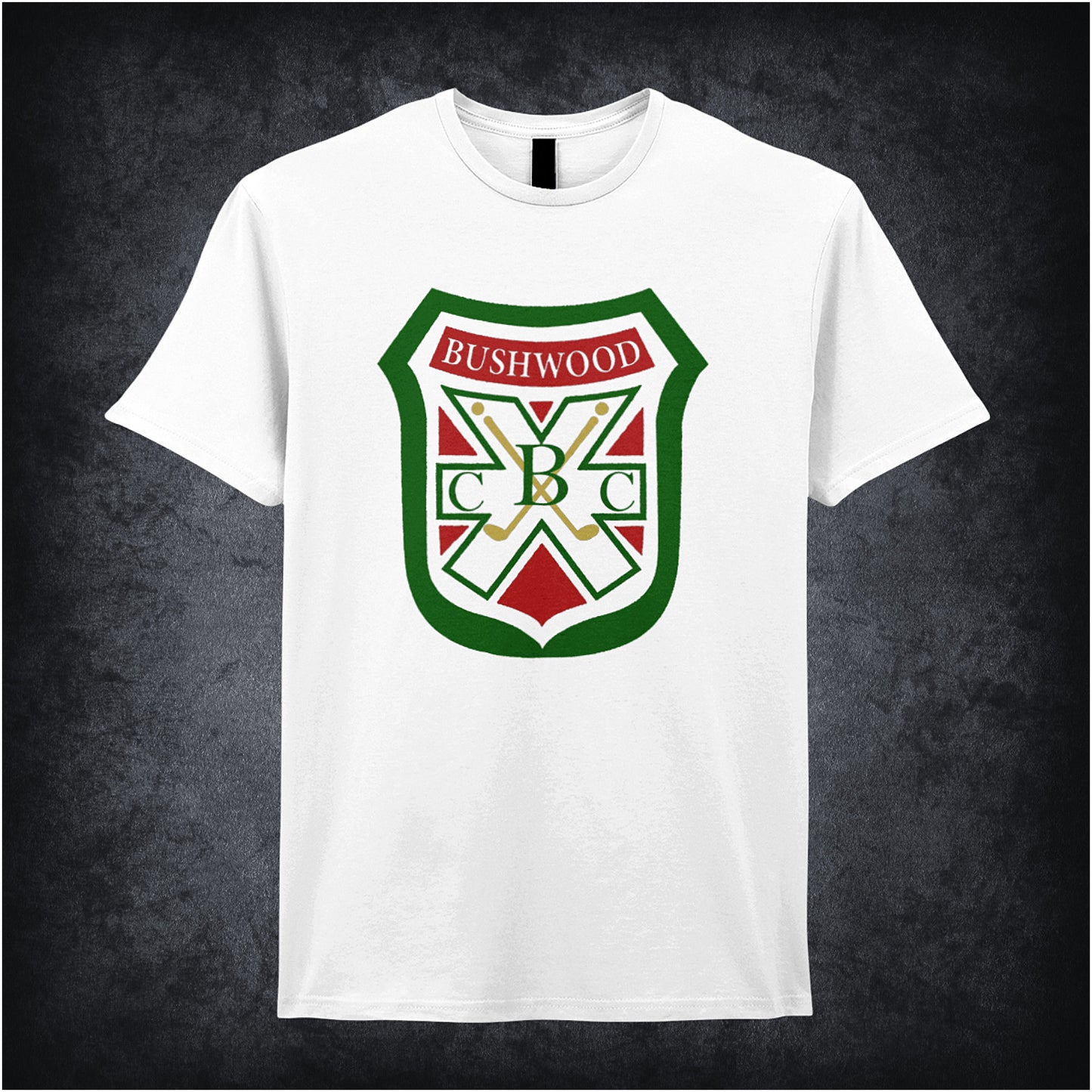 white soft style unisex T-shirt featuring the Bushwood Country Club badge from Caddyshack, styled with a vintage embroidered look.