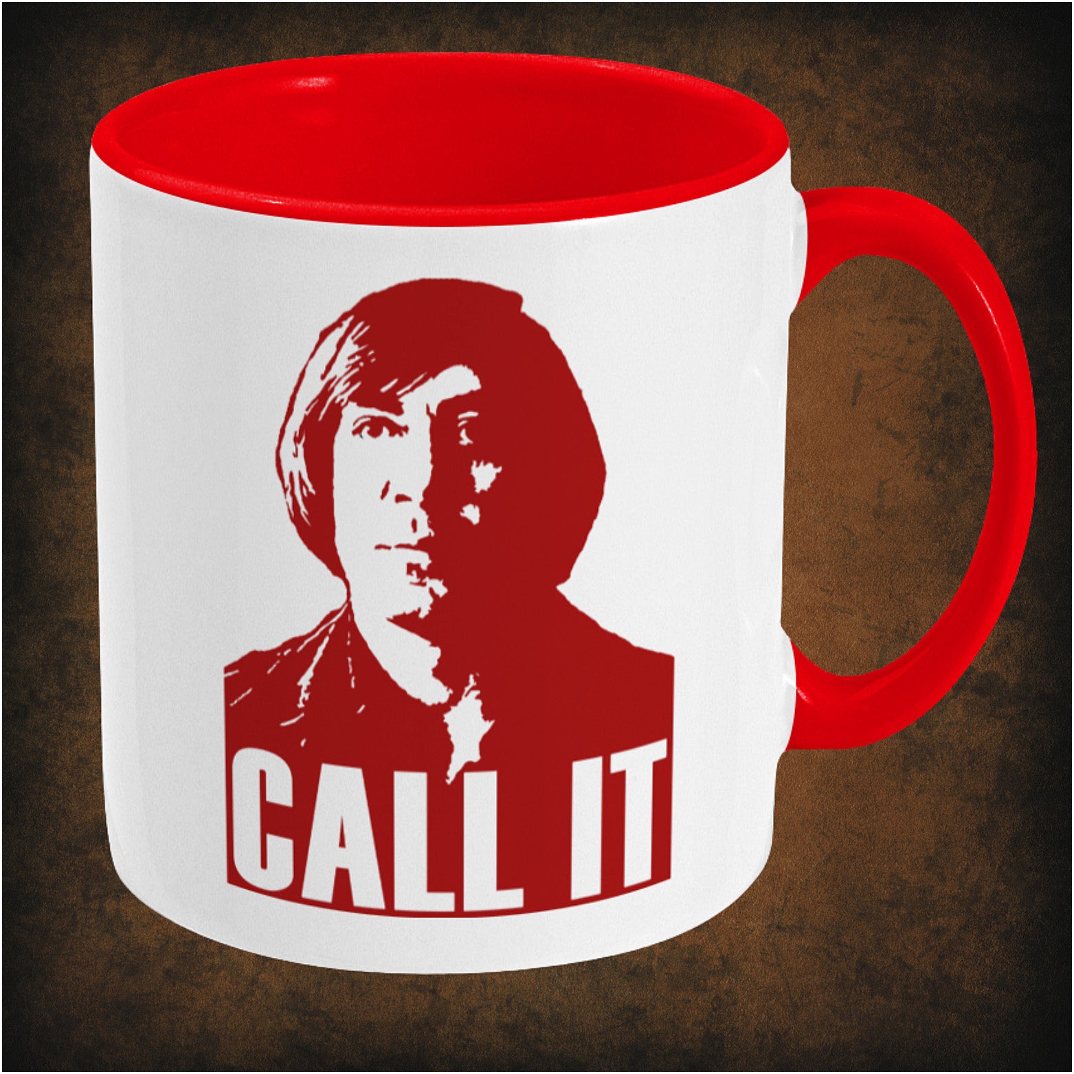Two-tone ceramic mug featuring 'Call It' design inspired by No Country for Old Men, wrap-around print, dishwasher and microwave safe, right hand side perfect movie fan gift.