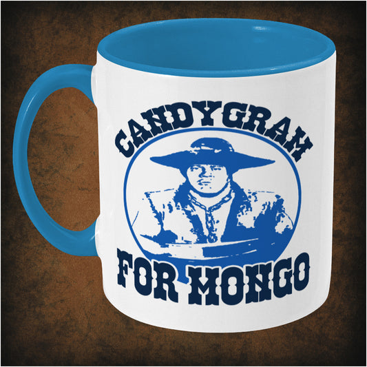 Two-tone ceramic mug featuring 'Candygram for Mongo' design inspired by Blazing Saddles, wrap-around print, left hand side dishwasher and microwave safe comedy mug.