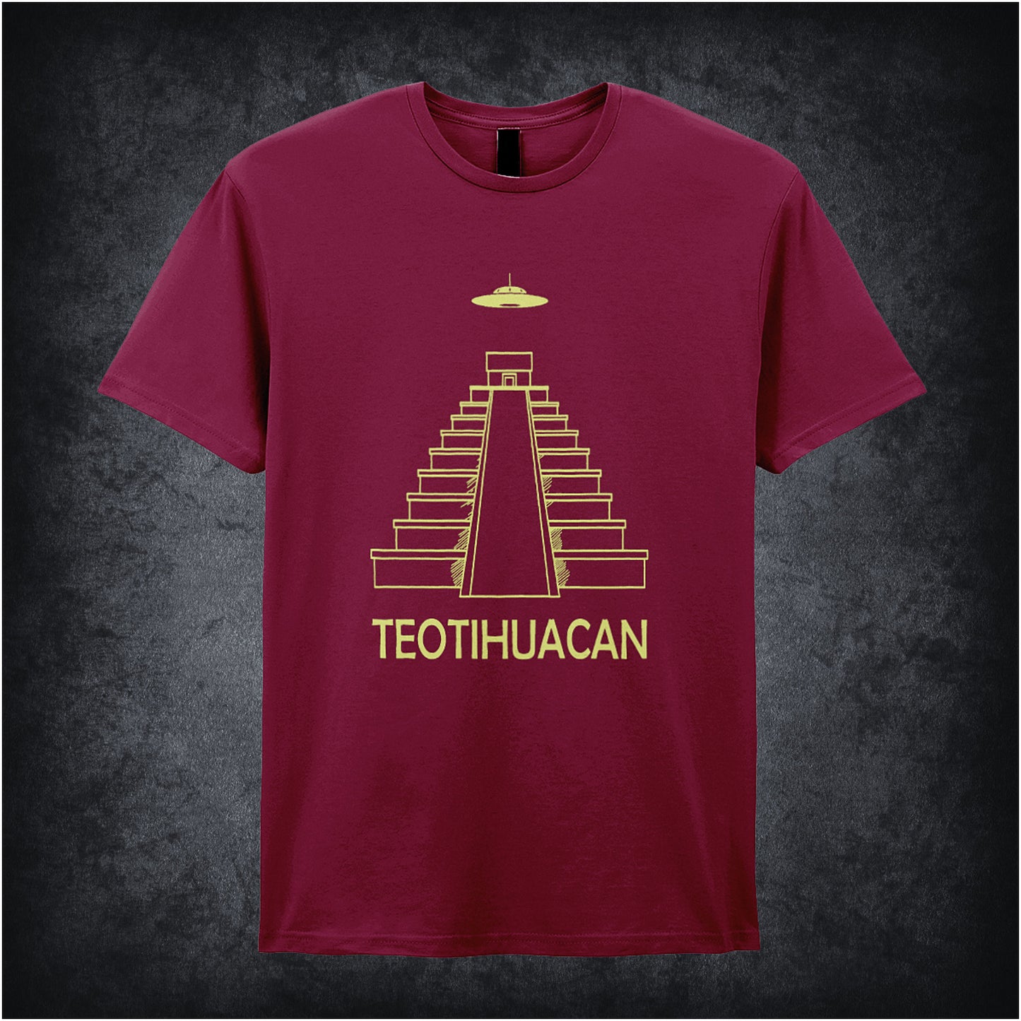 Cardinal red unisex t-shirt featuring a graphic of the ancient Mesoamerican Teotihuacan Pyramid of the Sun, depicted with stepped stone terraces and a broad base with UFO hovering above.