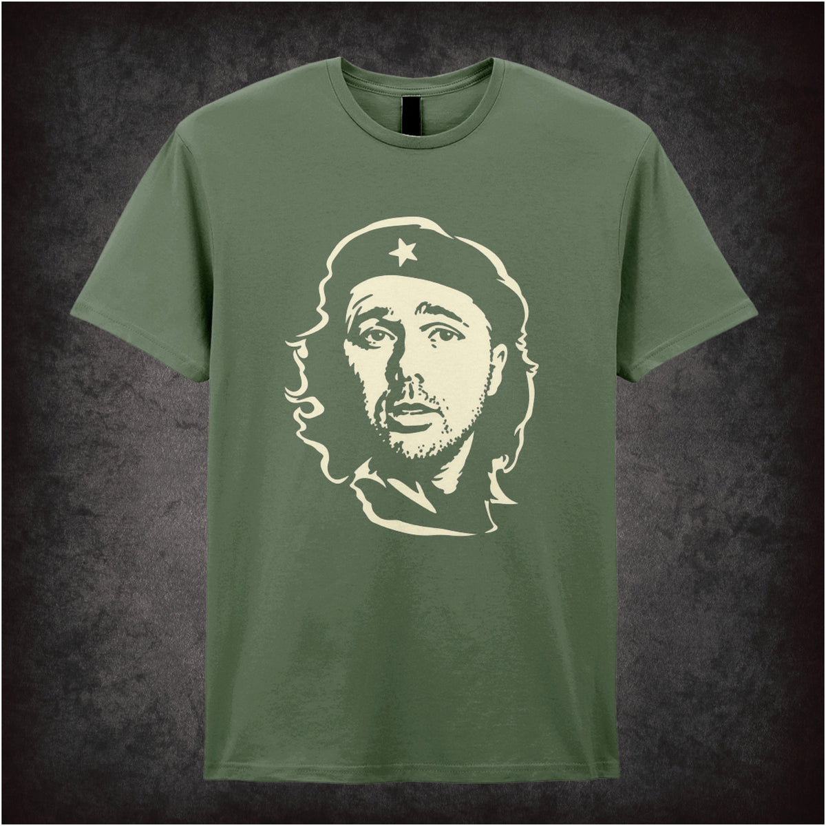 “Karl Pilkington Che Guevara-style portrait T-shirt in military green from Karl Pilkington”