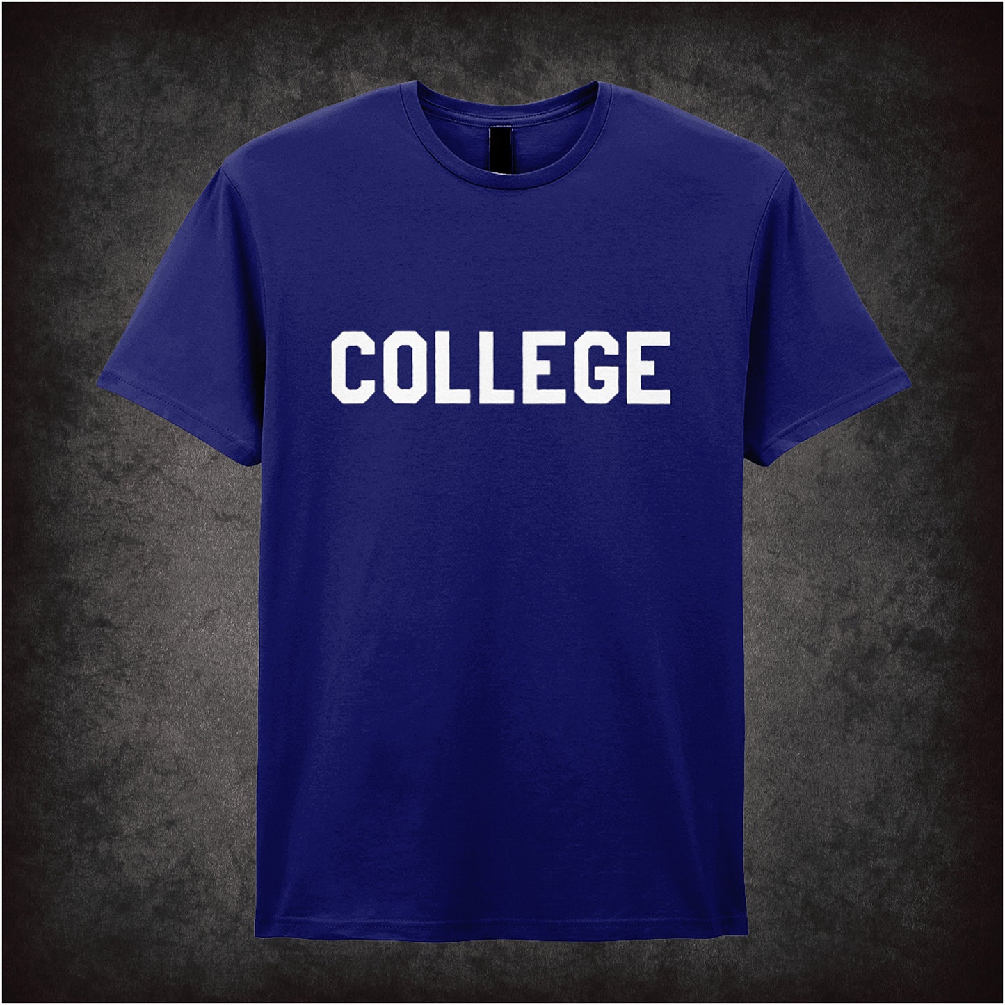 Navy unisex t-shirt featuring the word "College" in bold letters, replicating the iconic shirt worn by John Belushi in National Lampoon's Animal House.