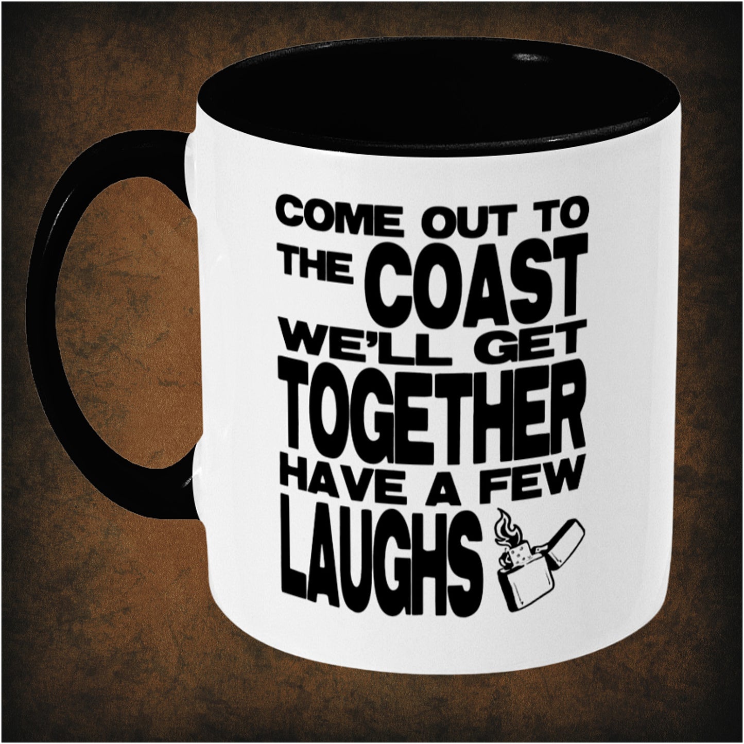 Come out to the coast, we’ll get together, have a few laughs’ two-toned mug inspired by Die Hard, left hand side featuring iconic movie quote, minimalist design, and collectible action film merchandise.