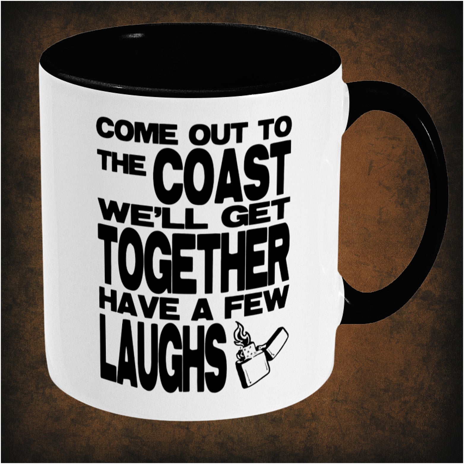 Come out to the coast, we’ll get together, have a few laughs’ two-toned mug inspired by Die Hard, right hand side featuring iconic movie quote, minimalist design, and collectible action film merchandise.