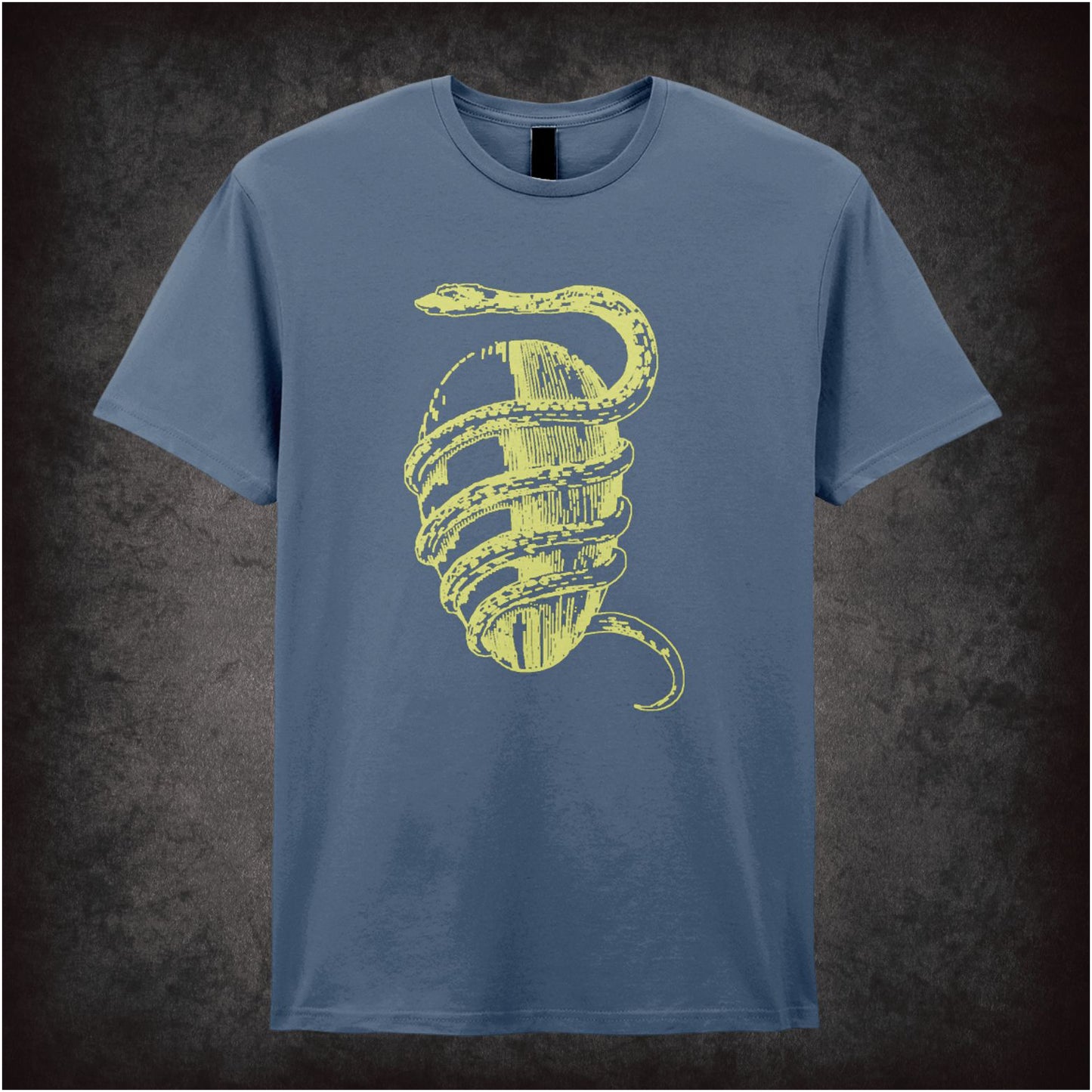 Cosmic egg serpent coiled symbol T-shirt in indigo ancient creation motif