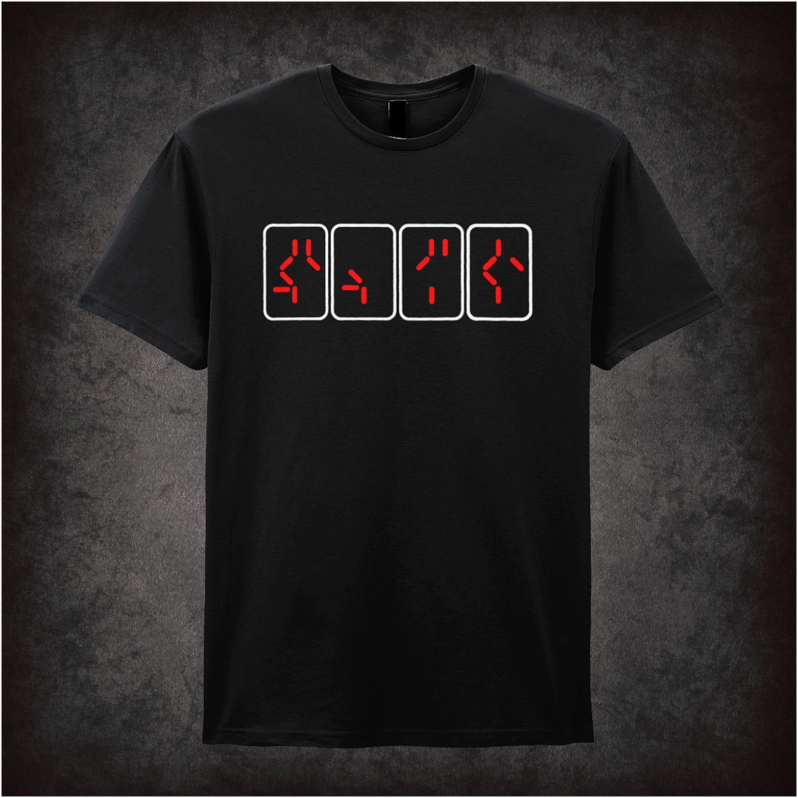 black unisex T-shirt featuring the Predator countdown self-destruct symbols in a bold, alien-style design from the classic sci-fi film.