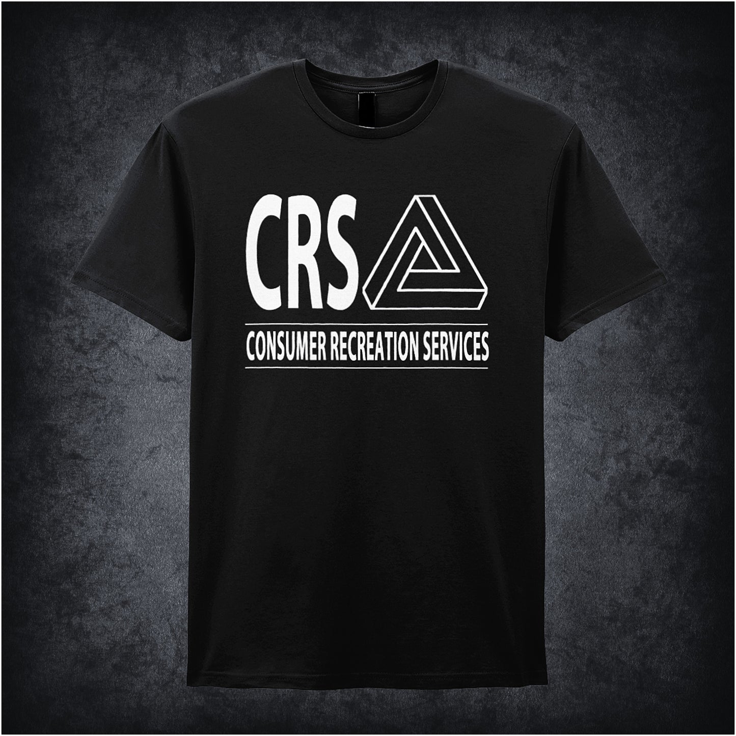 Black unisex t-shirt featuring the logo for CRS Consumer Recreation Services from the movie The Game, with bold, clean typography and a minimalist design.