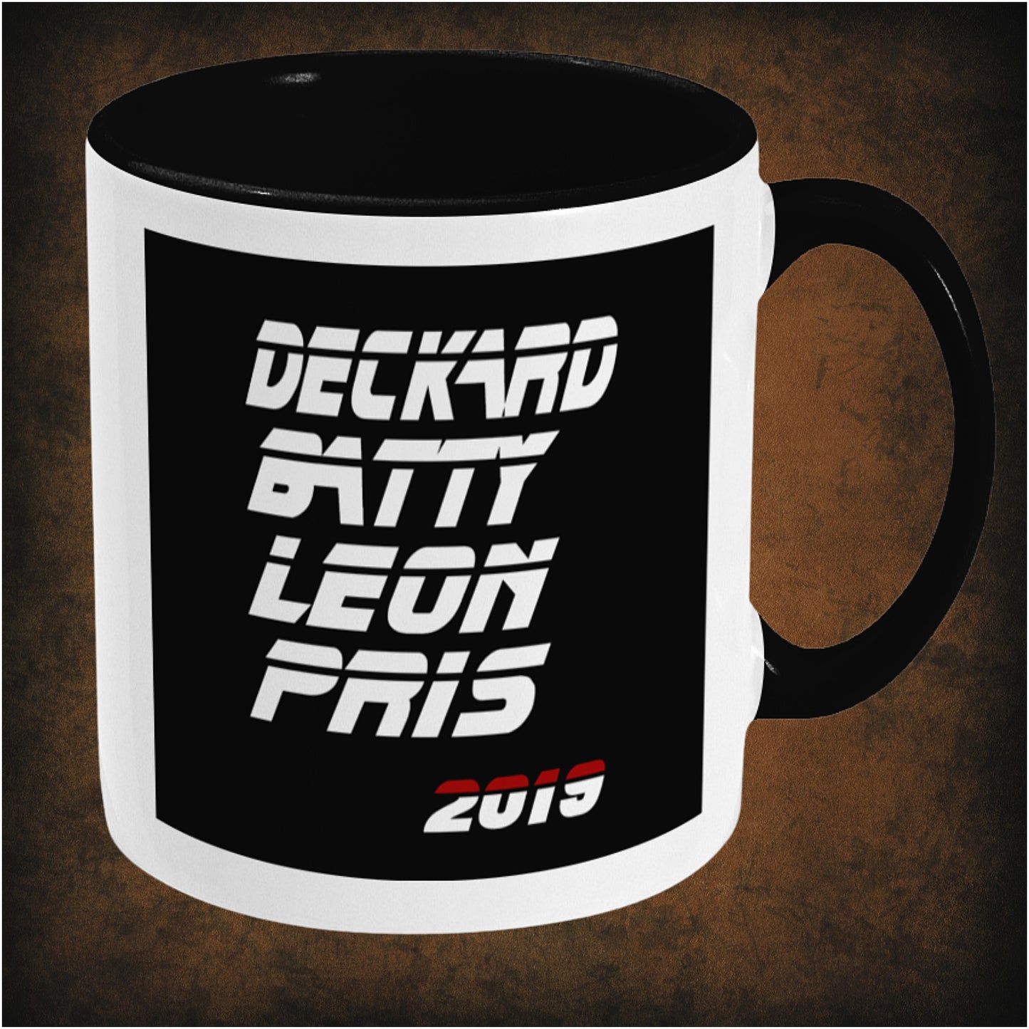 Deckard Batty Leon Pris 2019 two-toned mug inspired by Blade Runner, right hand side featuring minimalist sci-fi design, iconic character names, and collectible cyberpunk movie merchandise.