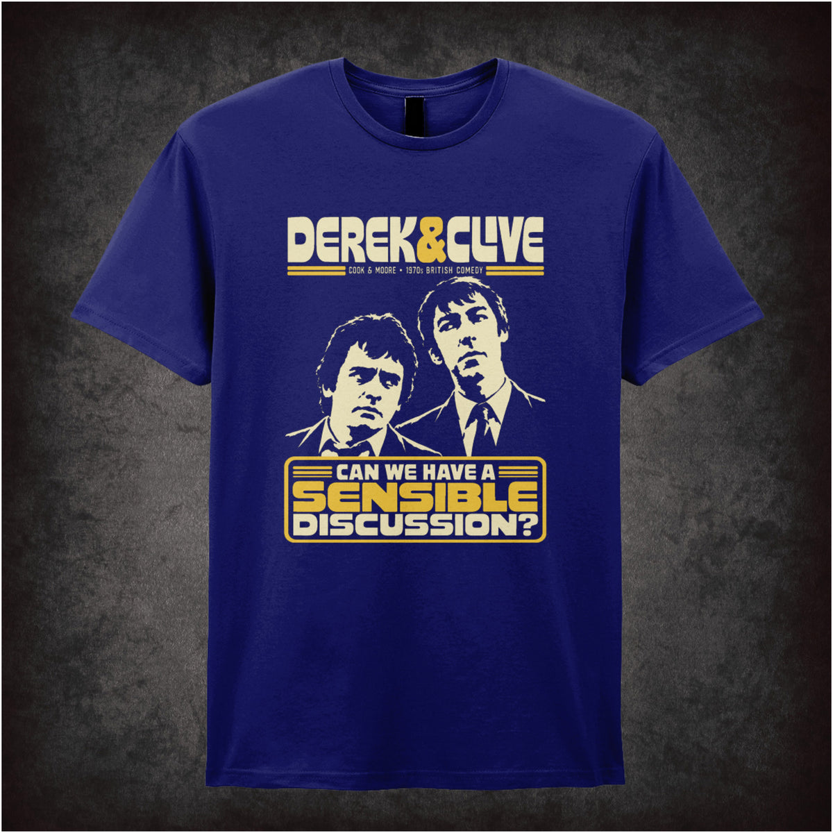 “Derek & Clive ‘Can we have a sensible discussion?’ T-shirt in navy from Derek and Clive (Peter Cook & Dudley Moore)”