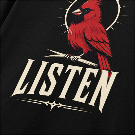 Close-up of ‘Listen slogan T-shirt in black from Disclosure Day
