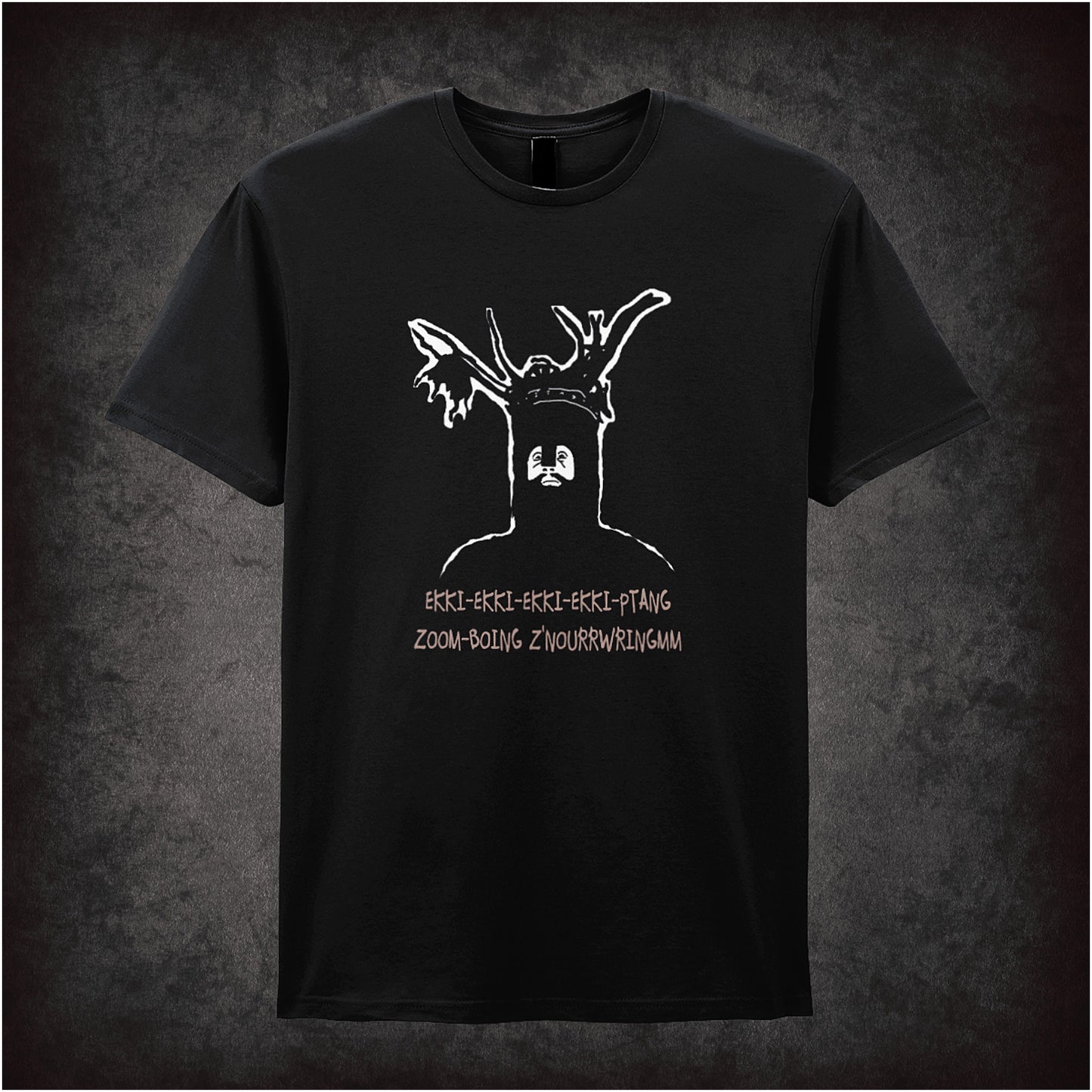 Black unisex T-shirt featuring the phrase "The Knights Who Say Ekki-Ekki-Ptang-Zoom-Boing-Znourrwringmm" from Monty Python and the Holy Grail.
