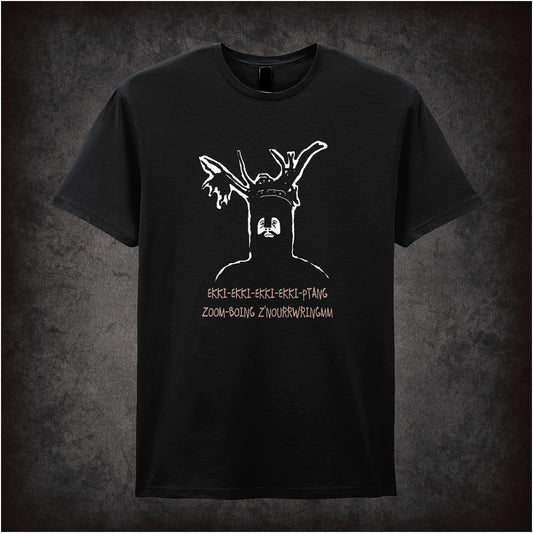 Black unisex T-shirt featuring the phrase "The Knights Who Say Ekki-Ekki-Ptang-Zoom-Boing-Znourrwringmm" from Monty Python and the Holy Grail.