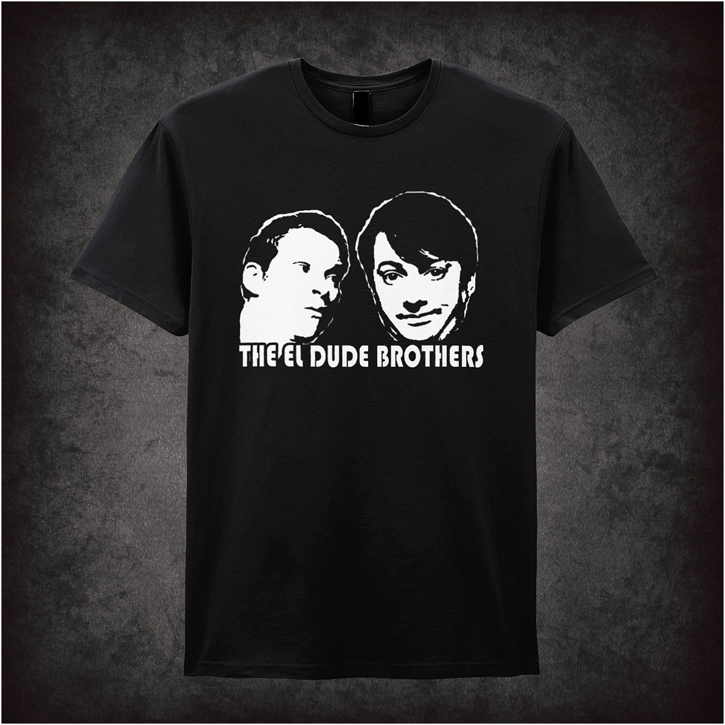 Soft style black unisex T-shirt featuring the phrase "The El Dude Brothers" inspired by Peep Show, designed in bold, eye-catching typography.