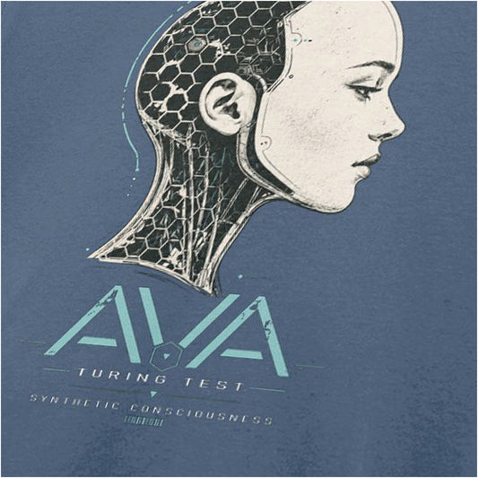 Close-up of ‘Ava Turing Test’ text logo T-shirt in indigo from Ex Machina