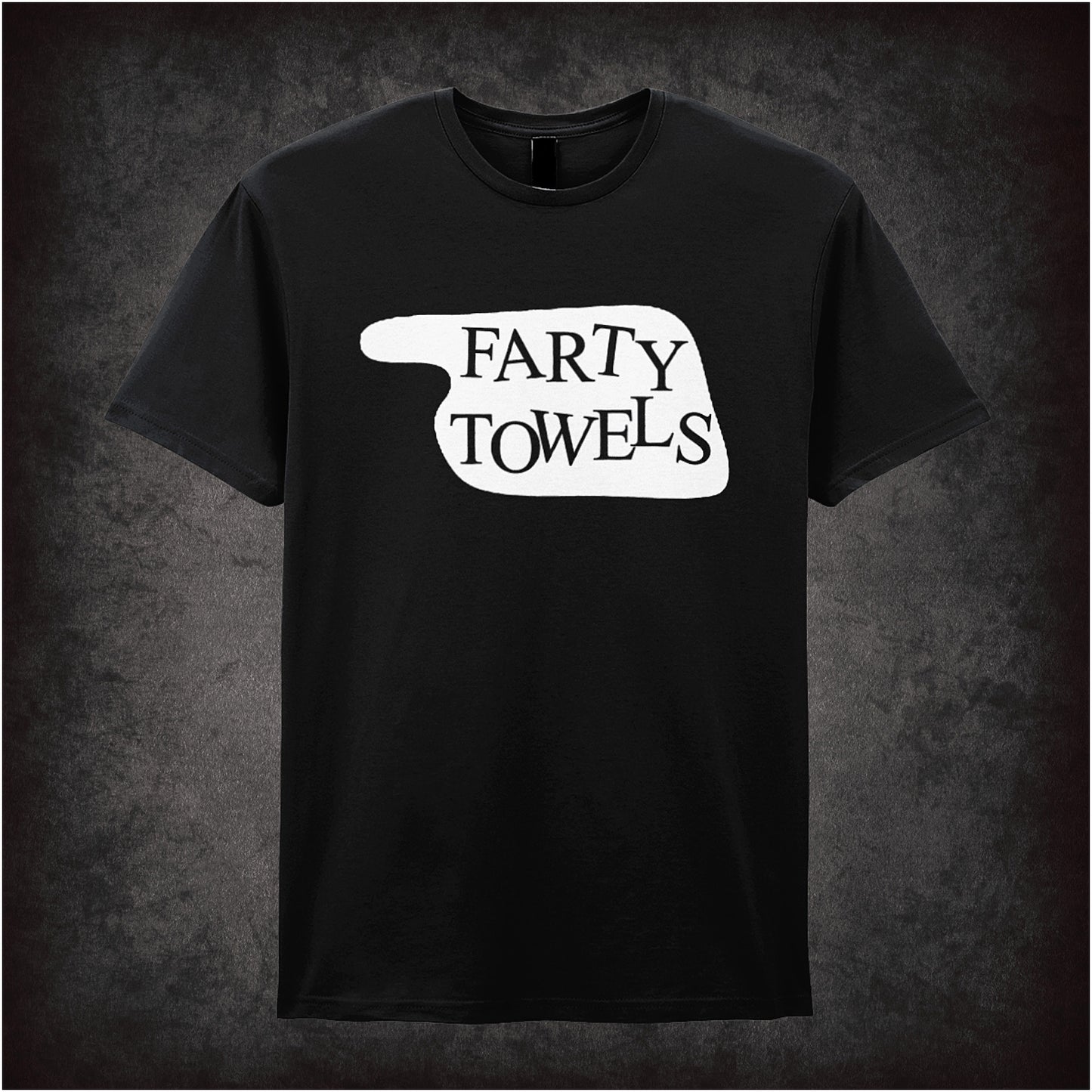 black Soft style unisex T-shirt featuring a parody hotel sign reading "Farty Towels," inspired by Fawlty Towers, with a playful bold graphic design.