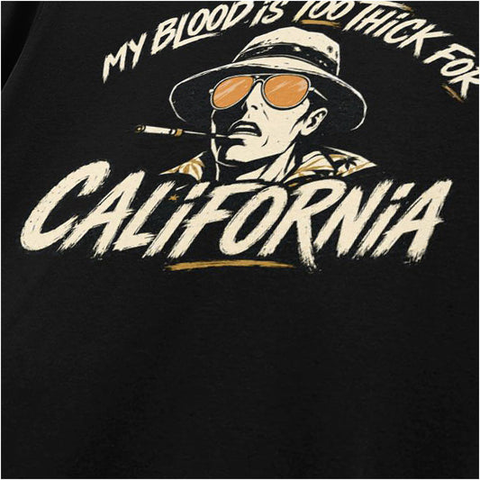 Close-up of raoul Duke face ‘my blood is too thick for California’ T-shirt in black from Fear and Loathing in Las Vegas