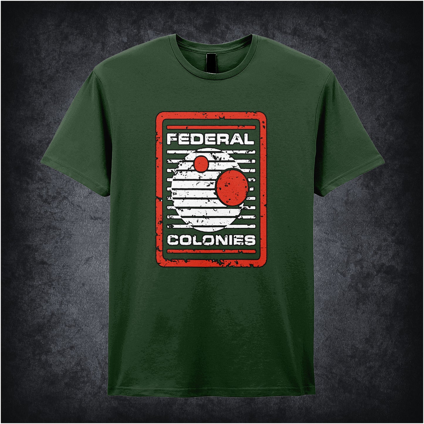 Federal Colonies – Total Recall-inspired design featuring a retro-futuristic space travel poster with bold text and planet imagery, printed on a forest unisex t-shirt.