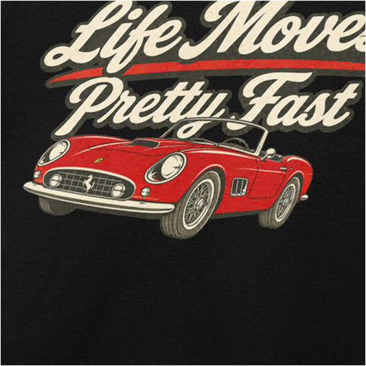 Close-up of ‘Life Moves Pretty Fast’ T-shirt in black from Ferris Bueller’s Day Off
