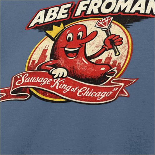 Close-up of ‘Abe Froman sausage king of Chicago’ T-shirt in indigo from Ferris Bueller’s Day Off