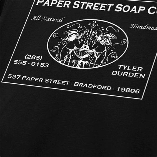 Close-up of paper Street Soap Co logo Tyler Durden T-shirt in black from Fight Club