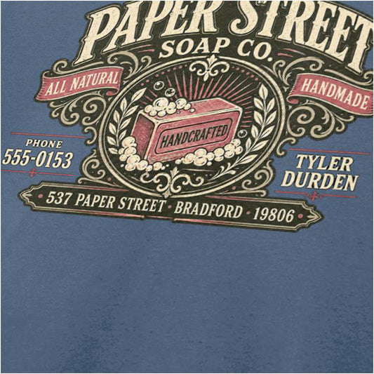 Close-up of paper Street Soap logo Tyler Durden T-shirt in indigo from Fight Club